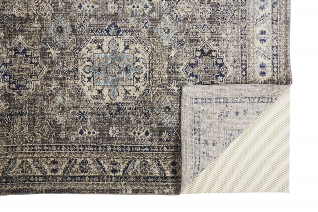 8' X 11' Taupe Gray And Blue Floral Stain Resistant Area Rug-513780-1