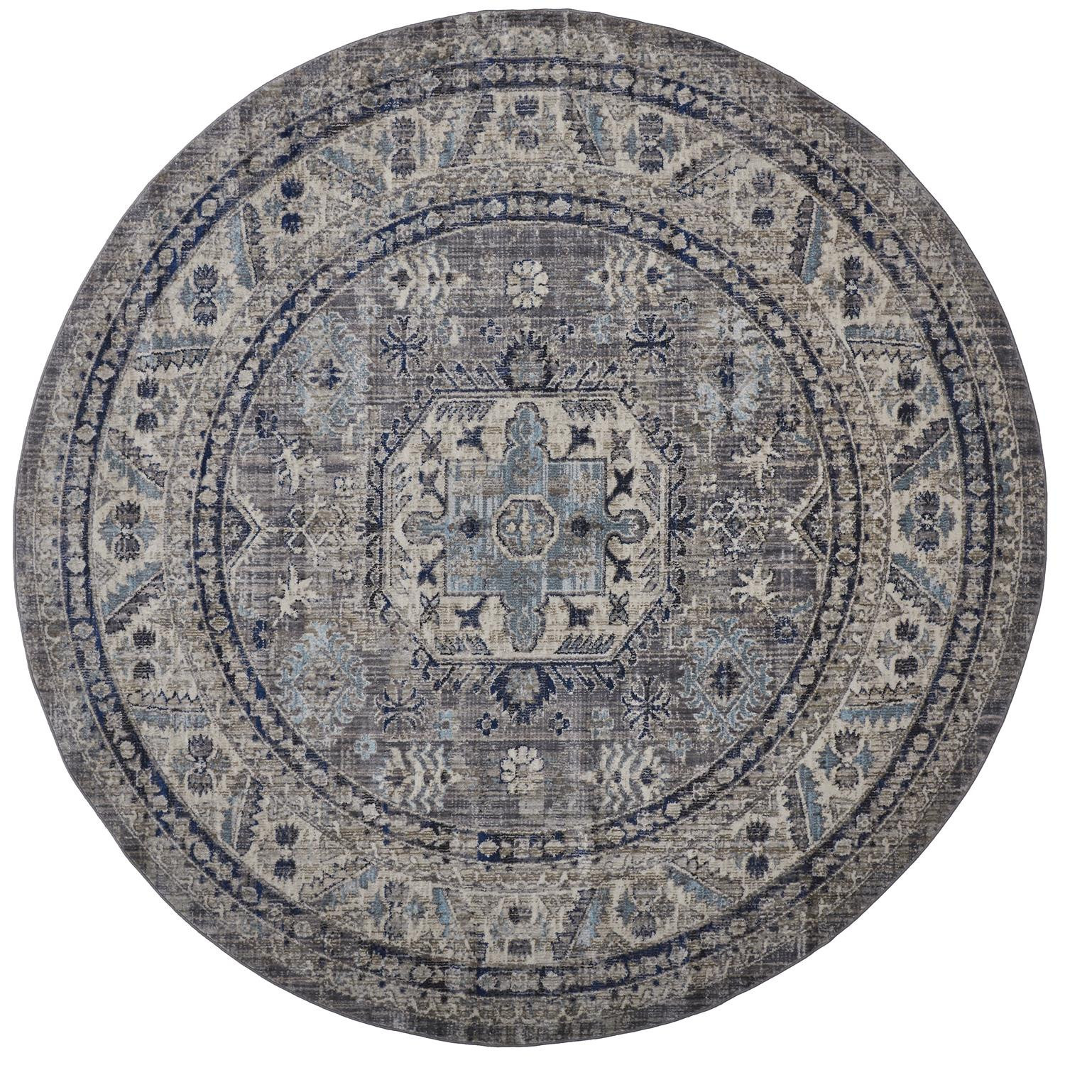 8' Taupe Gray And Blue Round Floral Stain Resistant Area Rug-513784-1