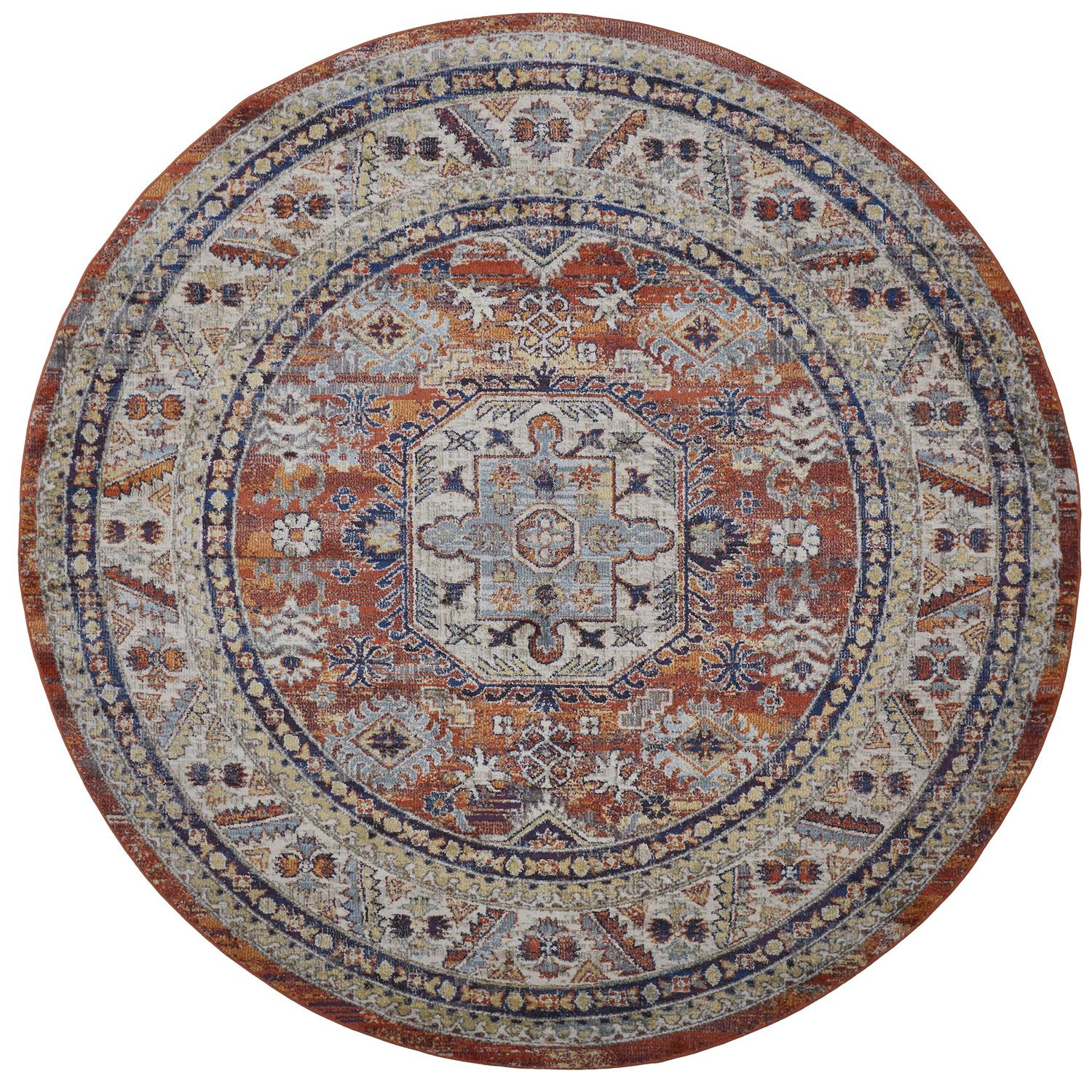 8' Red Orange And Ivory Round Floral Stain Resistant Area Rug-513791-1