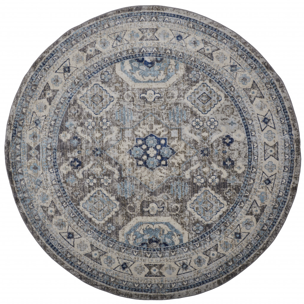 8' Gray Brown And Blue Round Floral Stain Resistant Area Rug-513798-1
