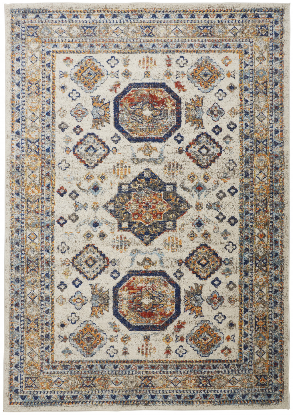 7' X 10' Ivory Orange And Blue Floral Stain Resistant Area Rug-513800-1