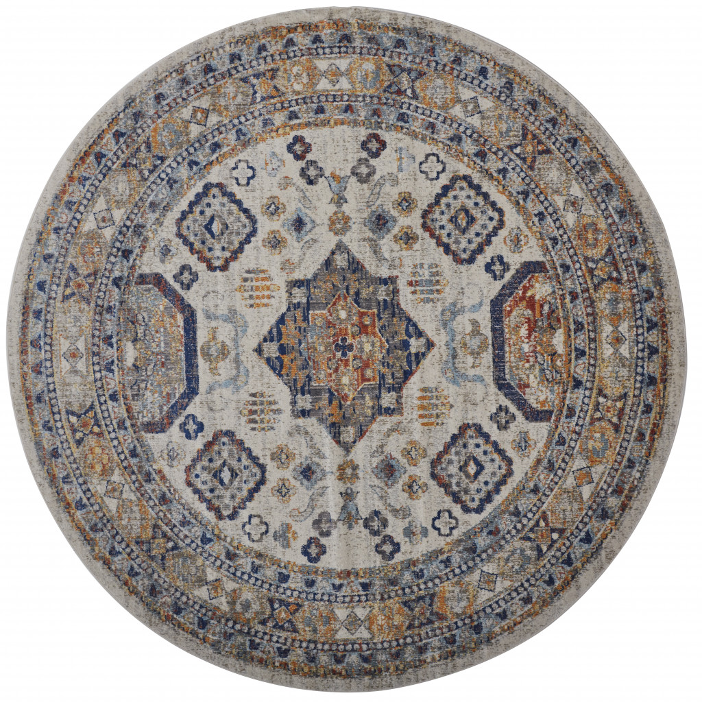 8' Ivory Orange And Blue Round Floral Stain Resistant Area Rug-513805-1
