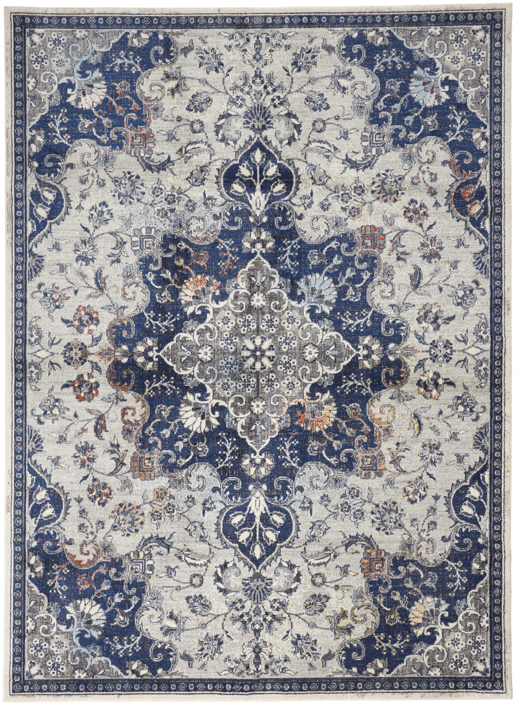 7' X 10' Gray Ivory And Blue Floral Power Loom Distressed Stain Resistant Area Rug-513826-1