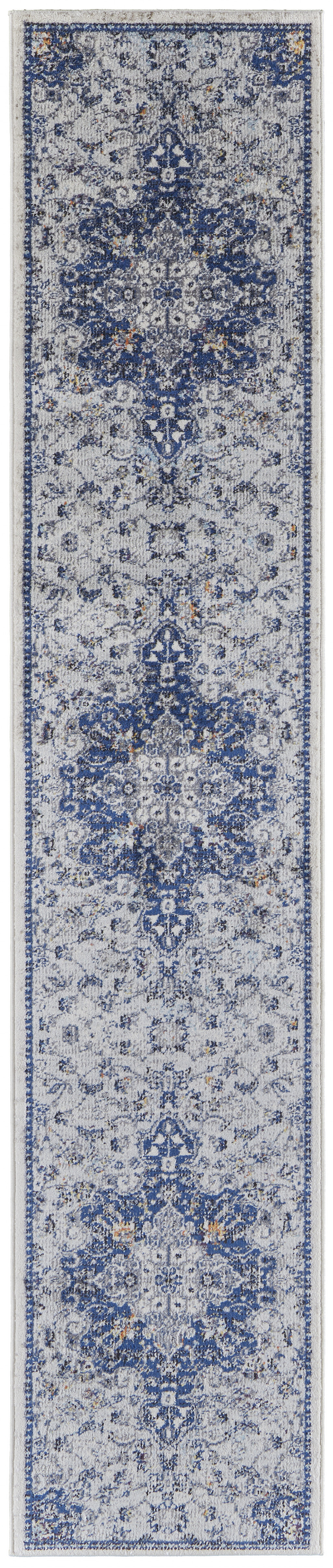 8' Gray Ivory And Blue Floral Power Loom Distressed Stain Resistant Runner Rug-513829-1
