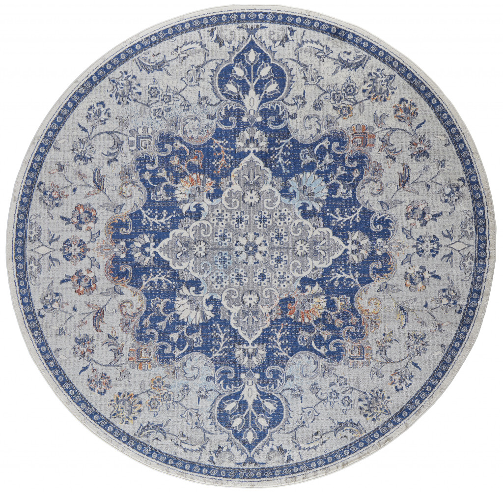 8' Gray Ivory And Blue Round Floral Power Loom Distressed Stain Resistant Area Rug-513831-1