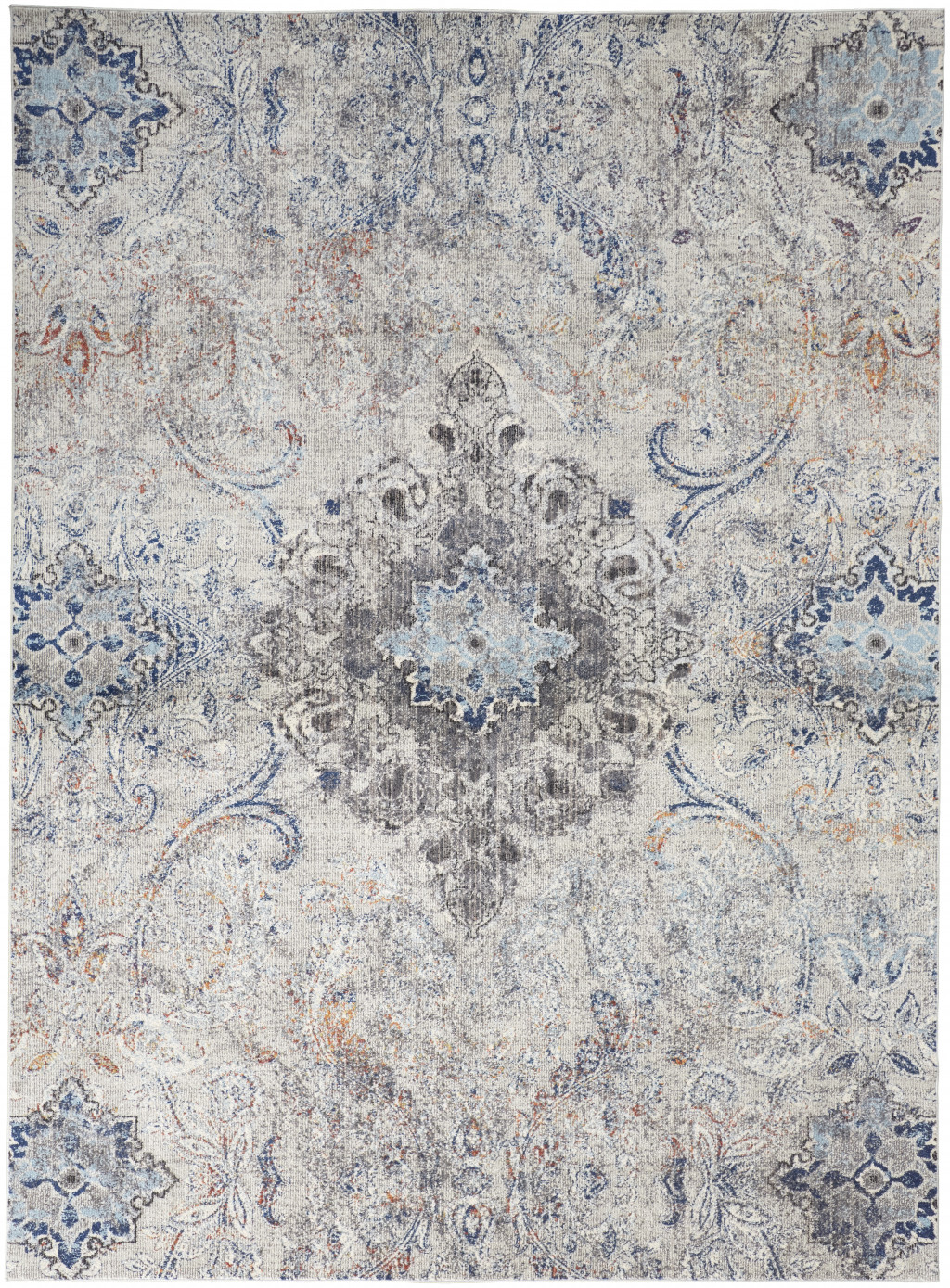8' X 11' Ivory Taupe And Blue Floral Power Loom Distressed Stain Resistant Area Rug-513834-1