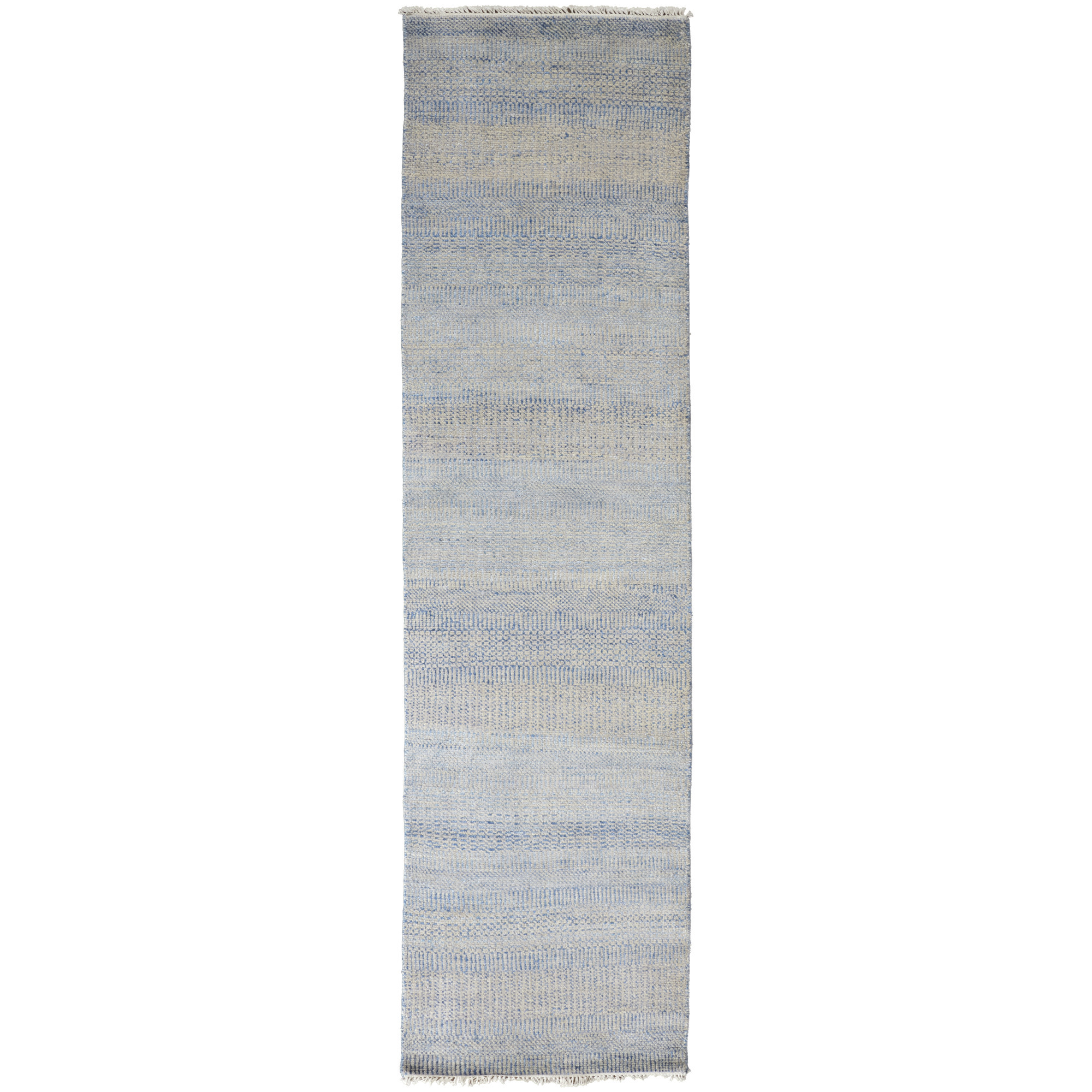 10' Blue and Silver Wool Striped Hand KNotted Runner Rug-513848-1
