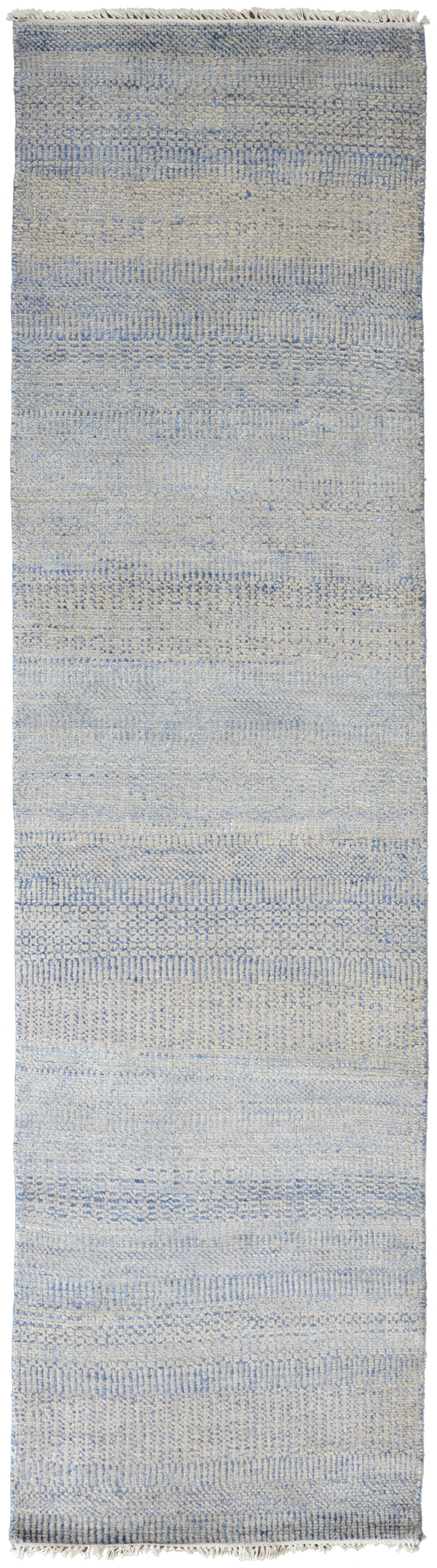 12' Blue And Silver Wool Striped Hand Knotted Runner Rug-513849-1
