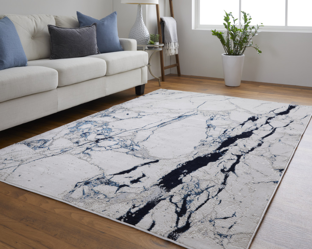 4" X 6" Ivory and Blue Marble Power Loom Distressed Area Rug