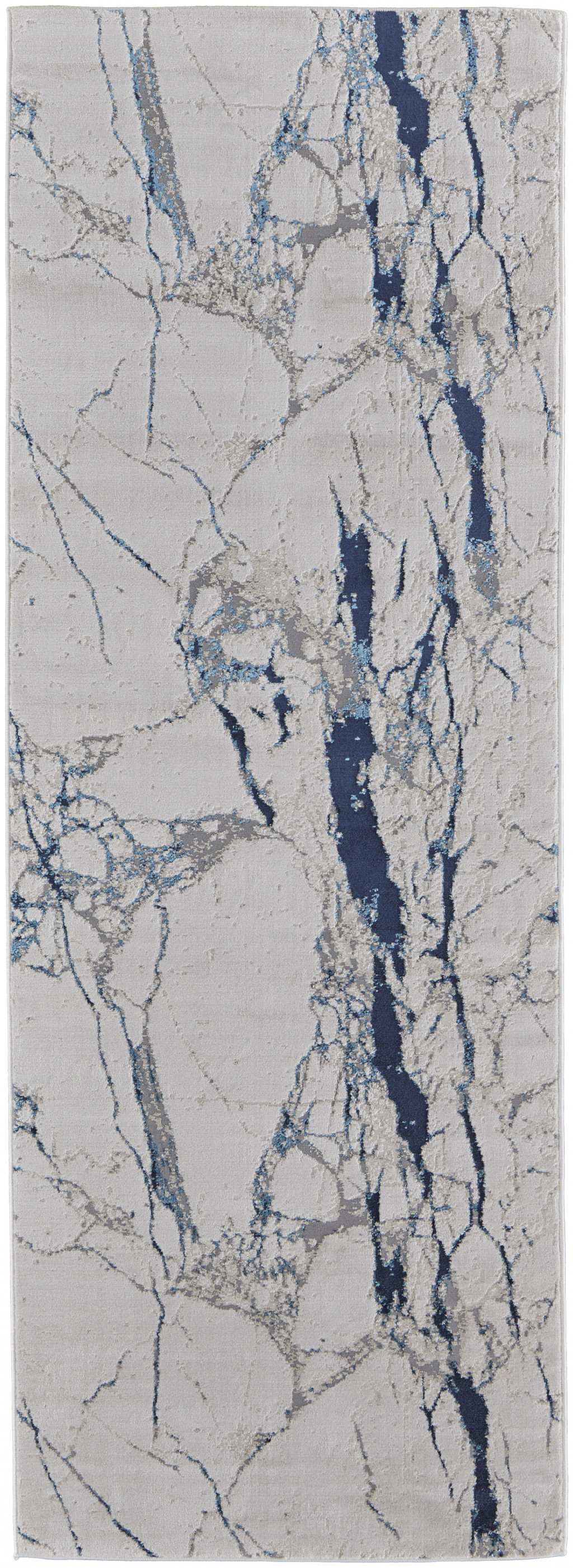 8" Ivory Blue And Black Abstract Power Loom Distressed Runner Rug