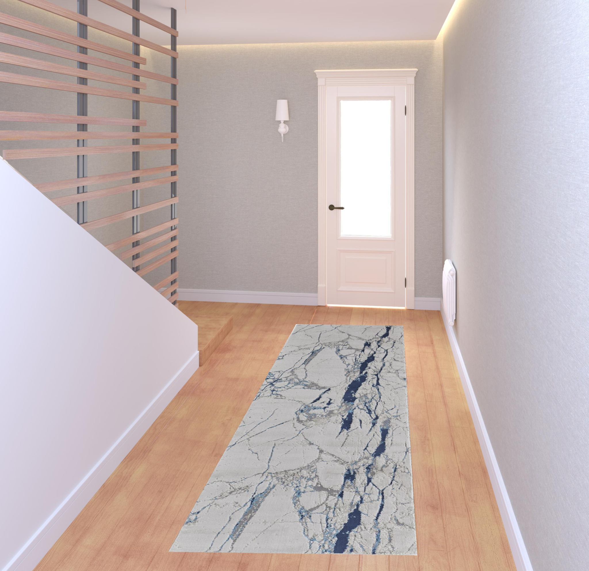 8" Ivory Blue And Black Abstract Power Loom Distressed Runner Rug