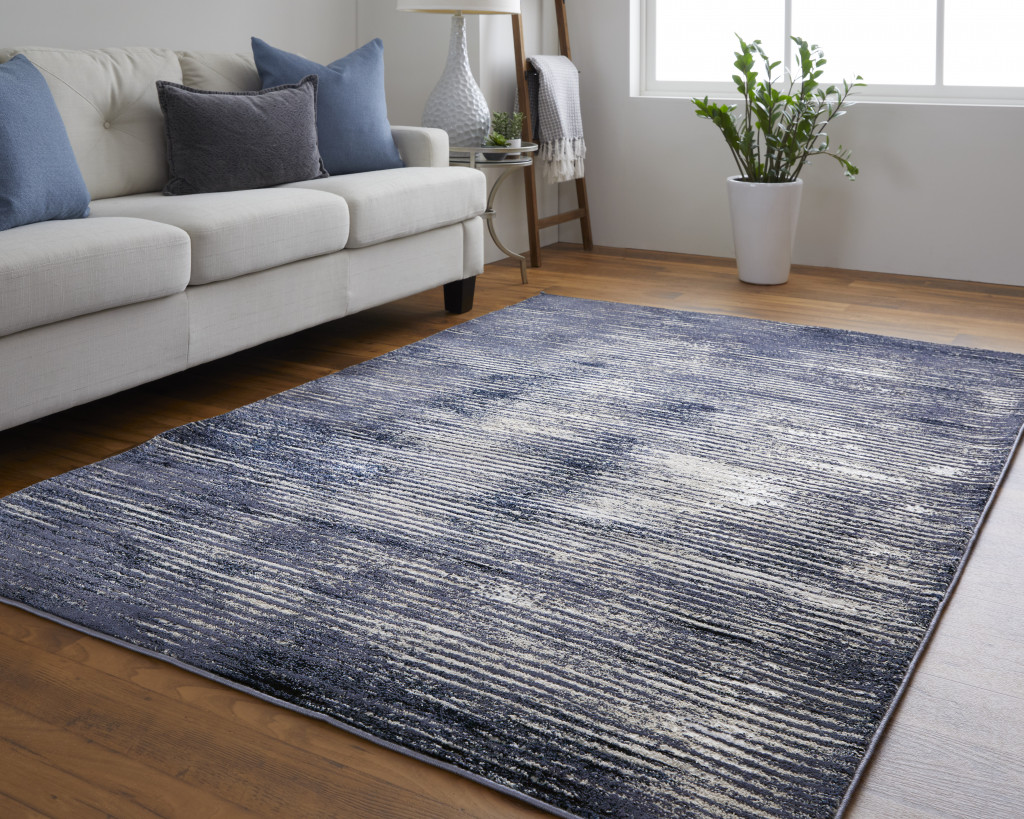 4" X 6" Blue and Ivory Striped Power Loom Distressed Non Skid Area Rug