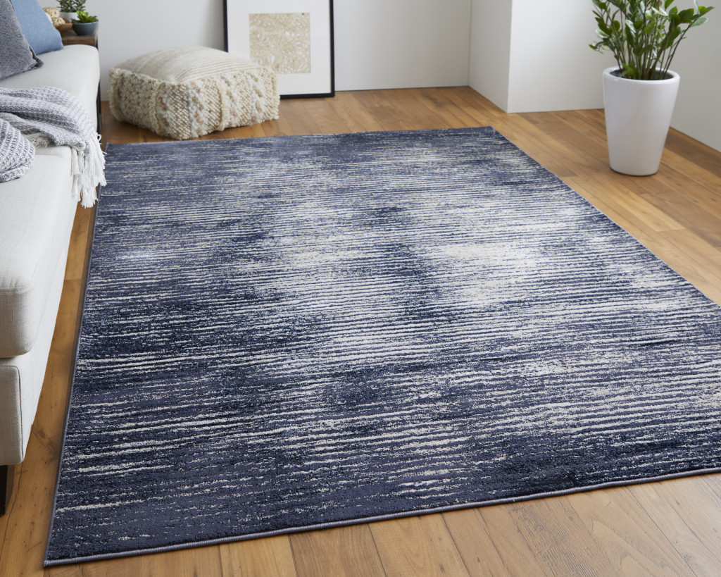 4" X 6" Blue and Ivory Striped Power Loom Distressed Non Skid Area Rug