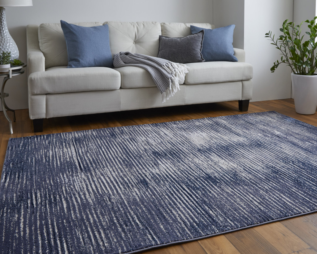4" X 6" Blue and Ivory Striped Power Loom Distressed Non Skid Area Rug