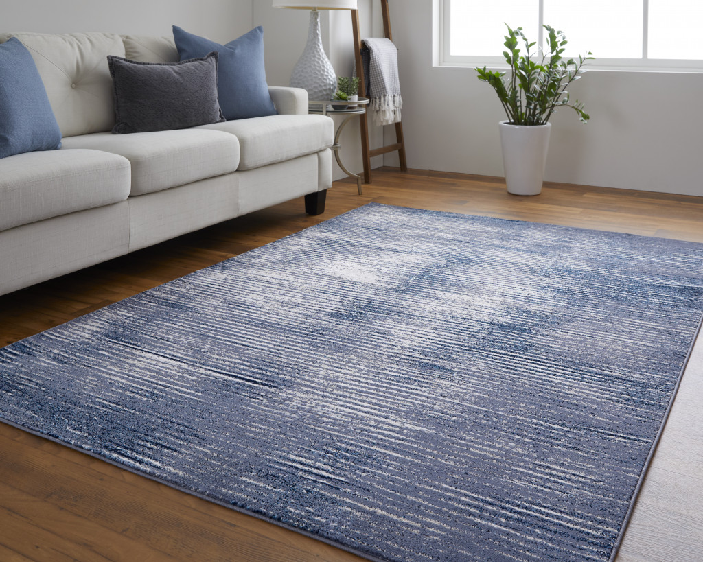 4" X 6" Blue and Ivory Striped Power Loom Distressed Non Skid Area Rug