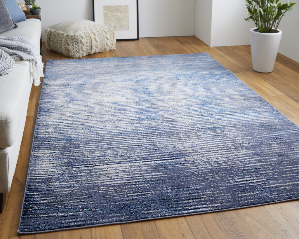 4" X 6" Blue and Ivory Striped Power Loom Distressed Non Skid Area Rug