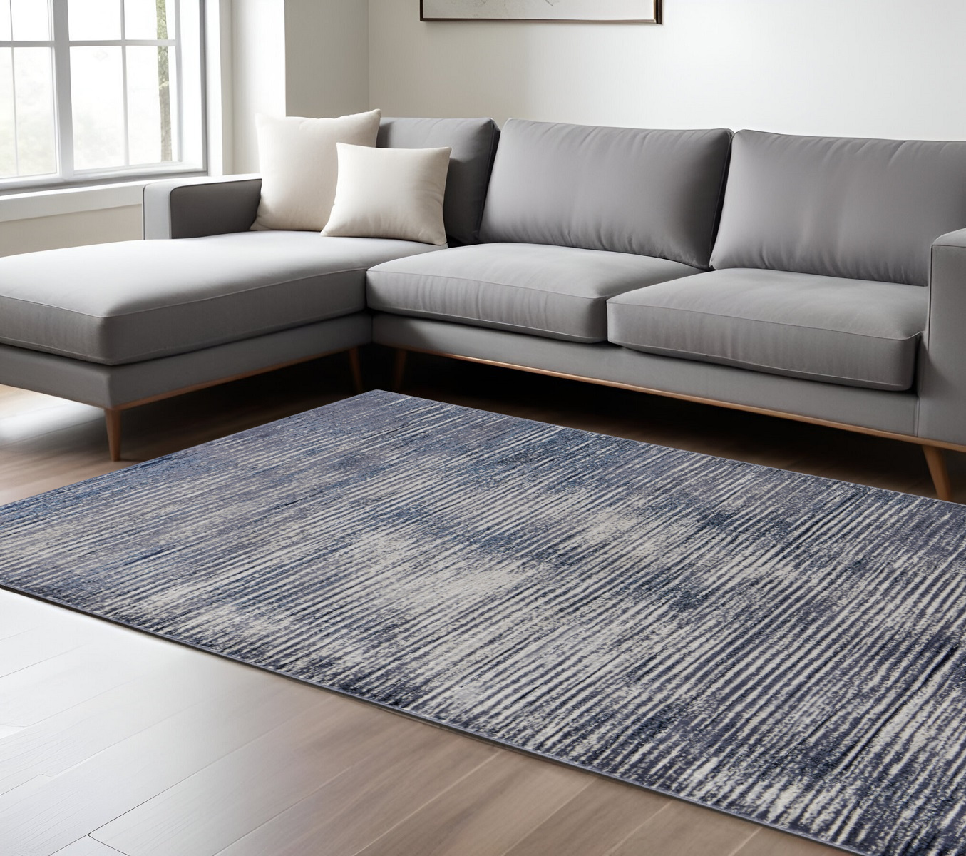 8" X 10" Blue and Ivory Striped Power Loom Distressed Non Skid Area Rug