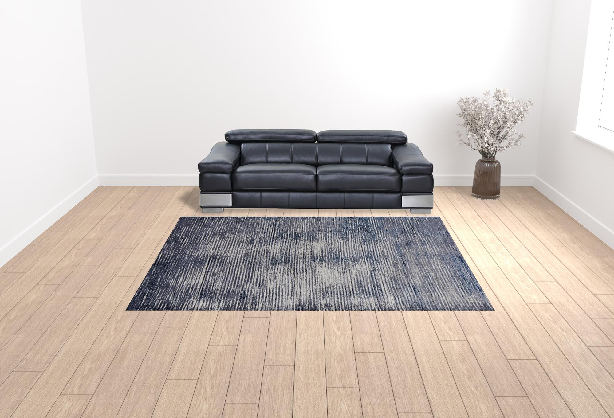 9" X 12" Blue Gray And Ivory Striped Power Loom Distressed Area Rug