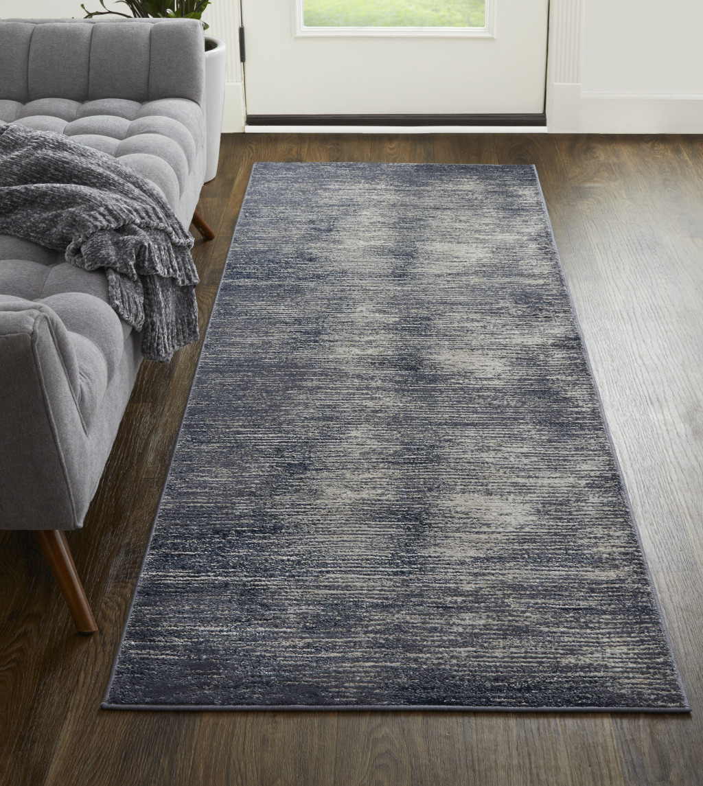 8" Blue Gray And Ivory Striped Power Loom Distressed Runner Rug