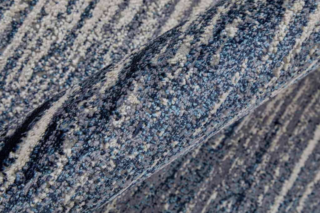 8" Blue Gray And Ivory Striped Power Loom Distressed Runner Rug