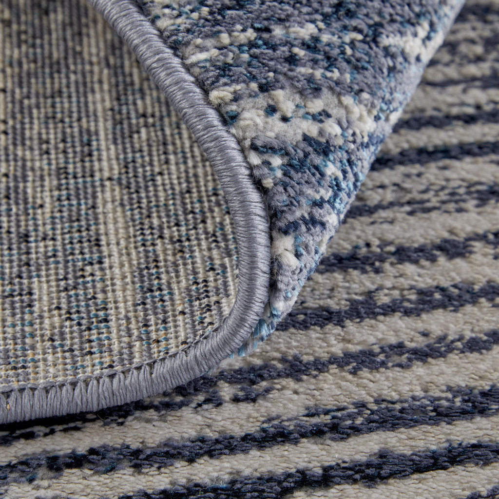 8" Blue Gray And Ivory Striped Power Loom Distressed Runner Rug