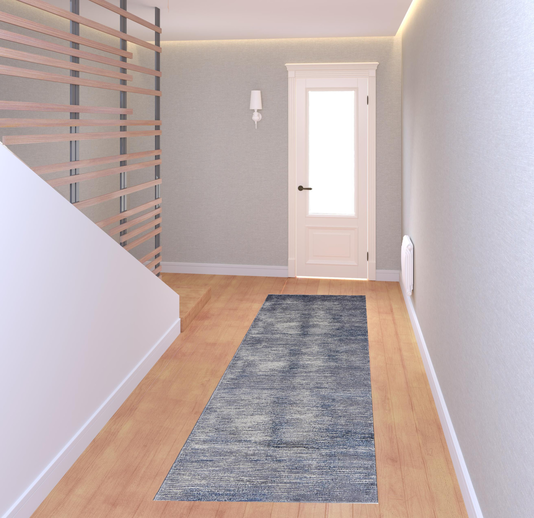 8" Blue Gray And Ivory Striped Power Loom Distressed Runner Rug