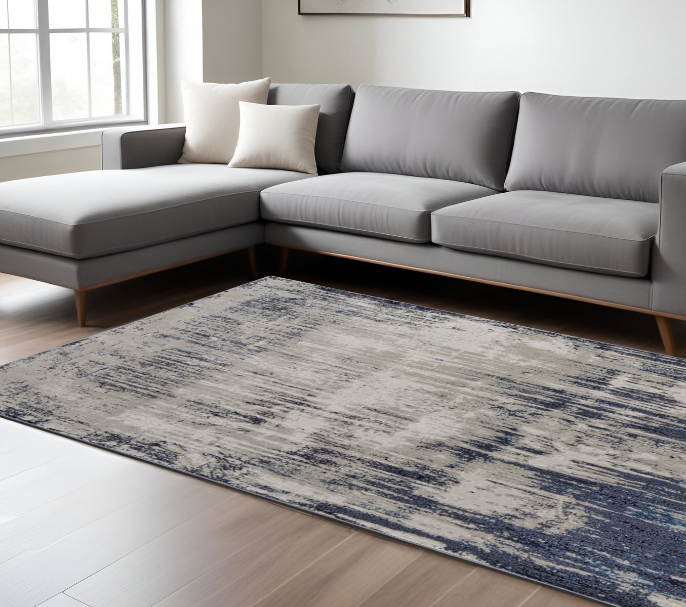 8" X 10" Tan and Blue Abstract Power Loom Distressed Non Skid Area Rug