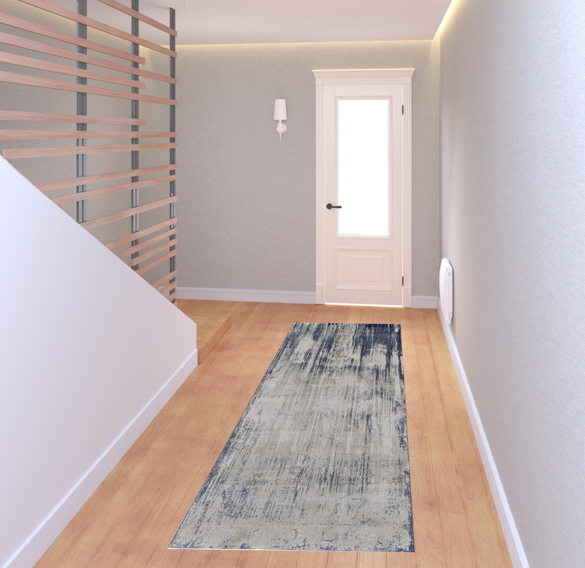 8" Tan Blue And Ivory Abstract Power Loom Distressed Runner Rug