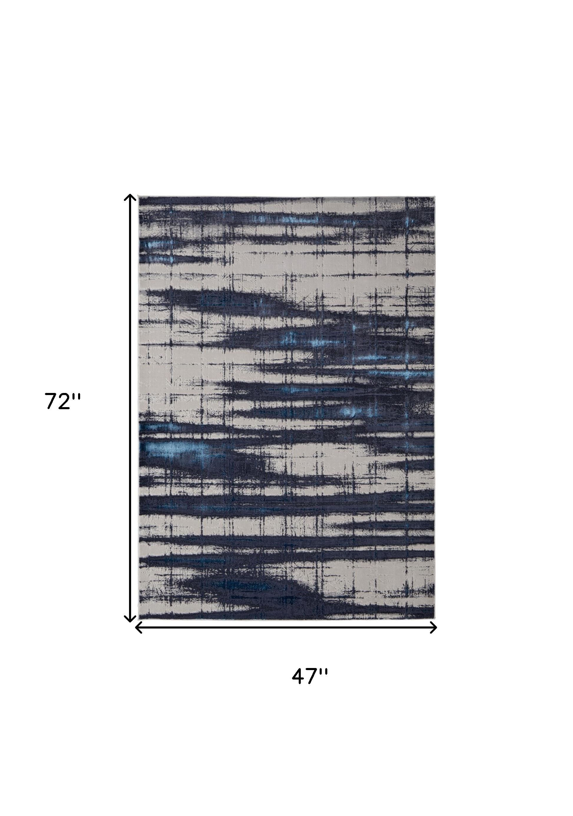 4" X 6" Ivory and Blue Abstract Power Loom Distressed Non Skid Area Rug