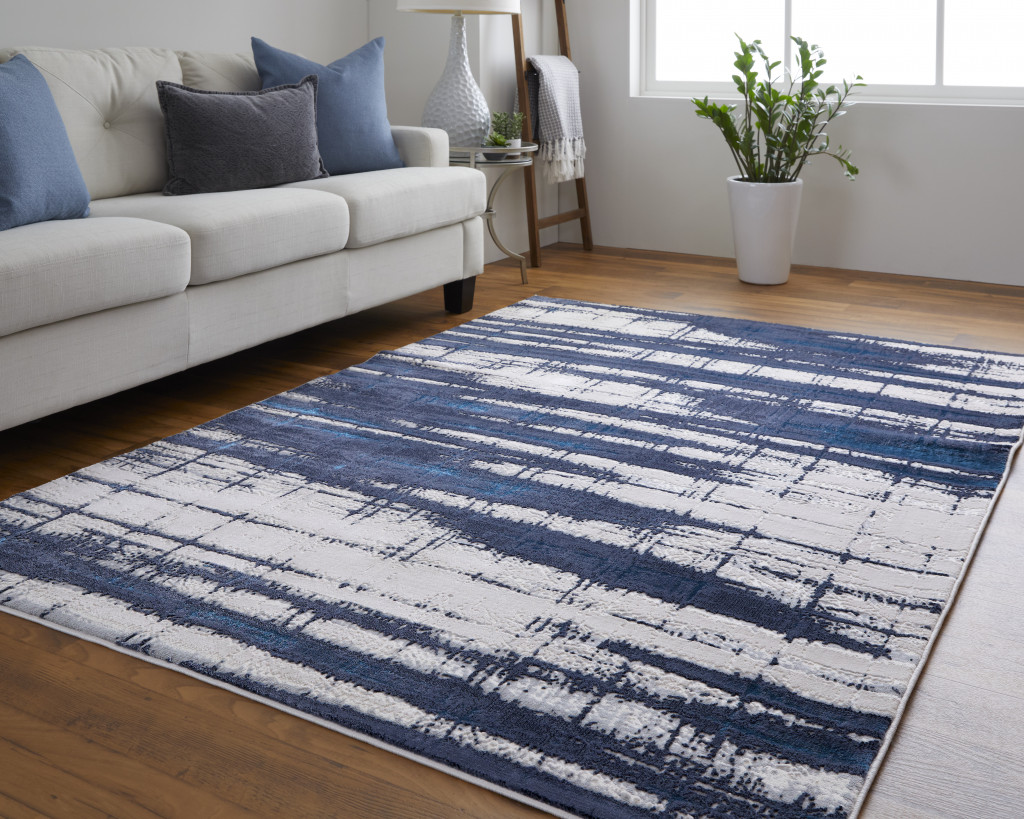4" X 6" Ivory and Blue Abstract Power Loom Distressed Non Skid Area Rug