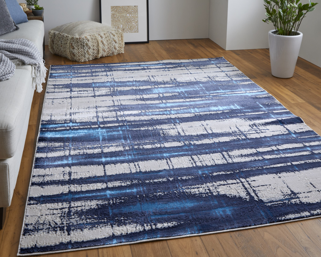 4" X 6" Ivory and Blue Abstract Power Loom Distressed Non Skid Area Rug