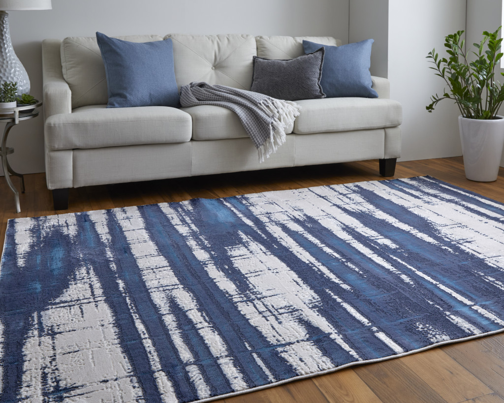 4" X 6" Ivory and Blue Abstract Power Loom Distressed Non Skid Area Rug
