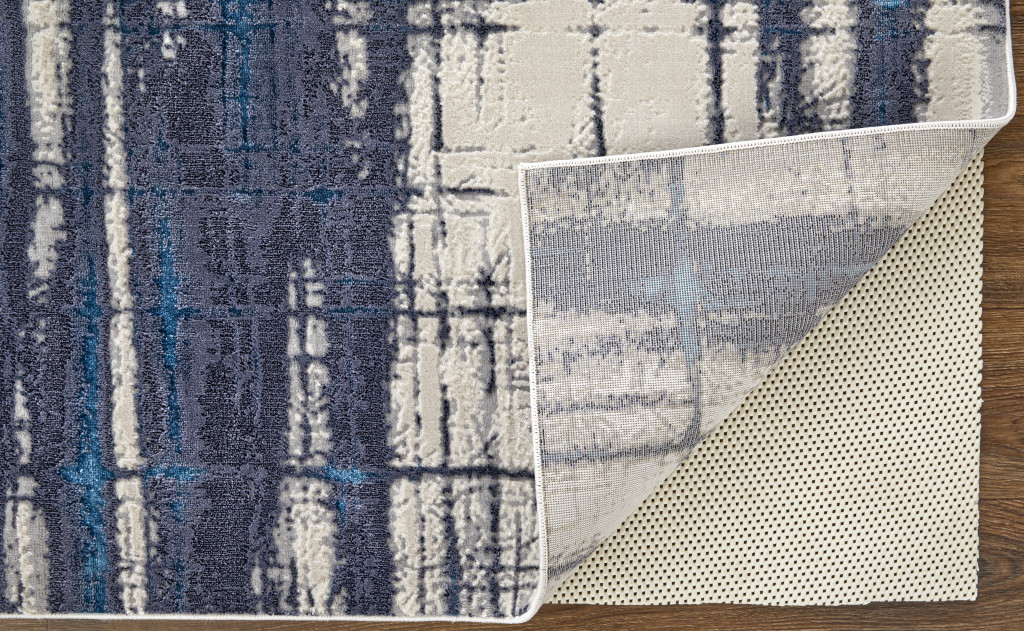 4" X 6" Ivory and Blue Abstract Power Loom Distressed Non Skid Area Rug