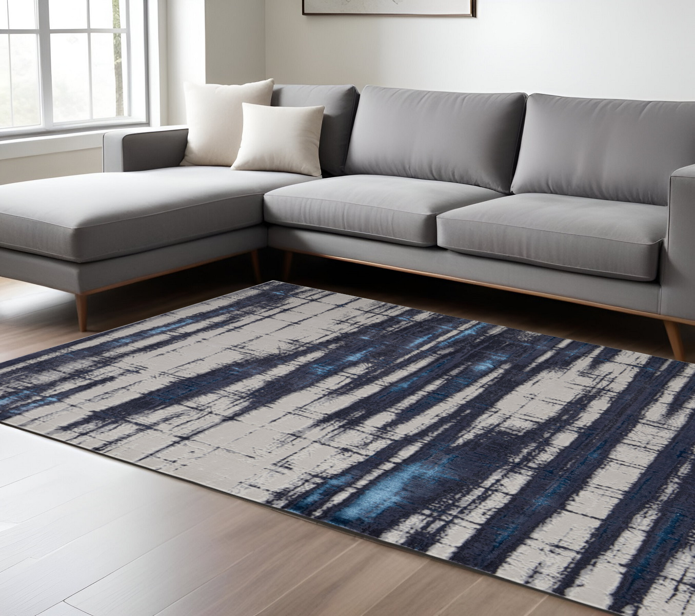 8" X 10" Ivory and Blue Abstract Power Loom Distressed Non Skid Area Rug