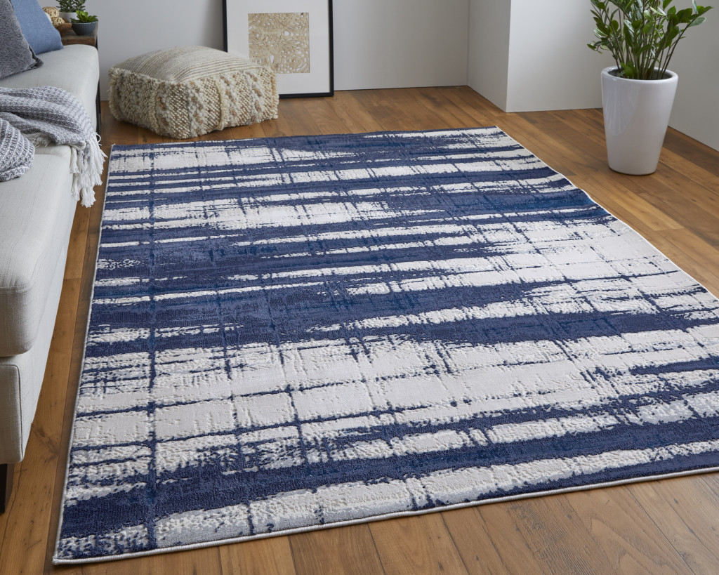 8" X 10" Ivory and Blue Abstract Power Loom Distressed Non Skid Area Rug
