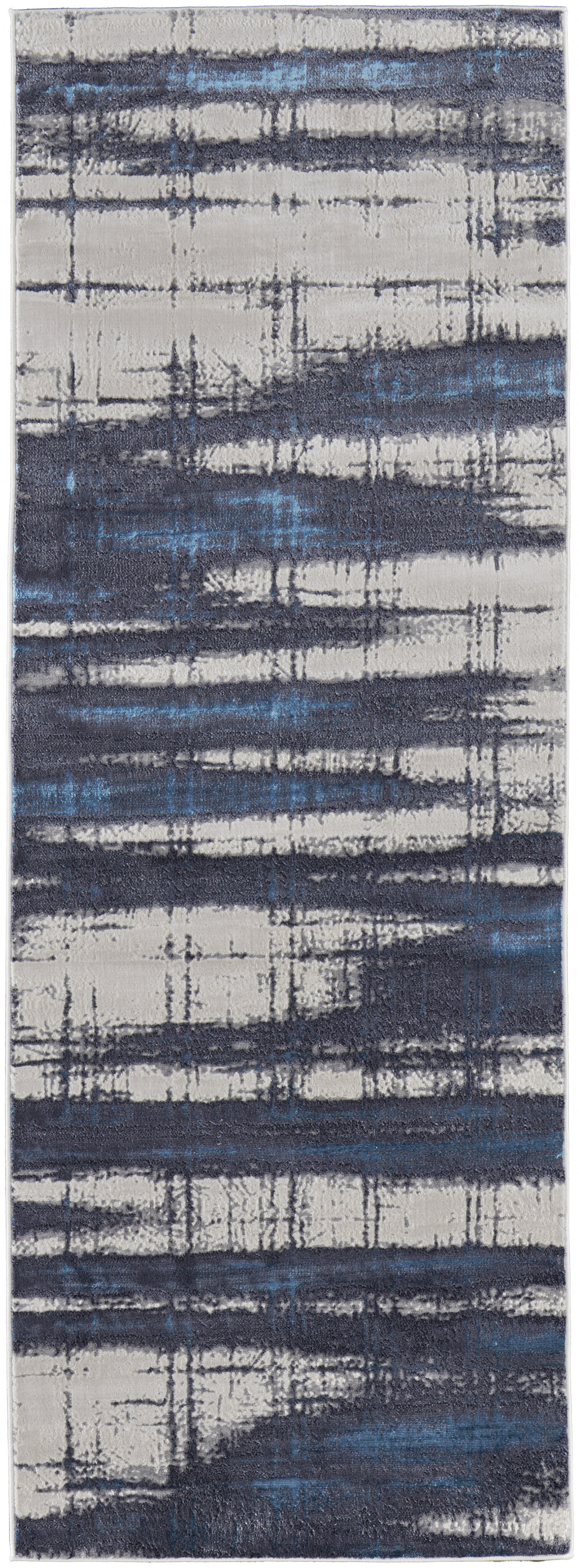 8" Ivory Blue And Gray Abstract Power Loom Distressed Runner Rug