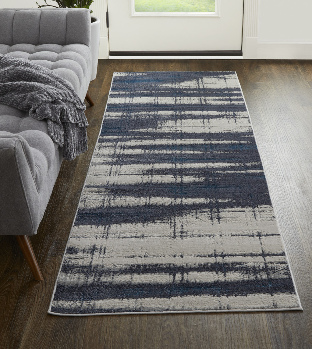 8" Ivory Blue And Gray Abstract Power Loom Distressed Runner Rug