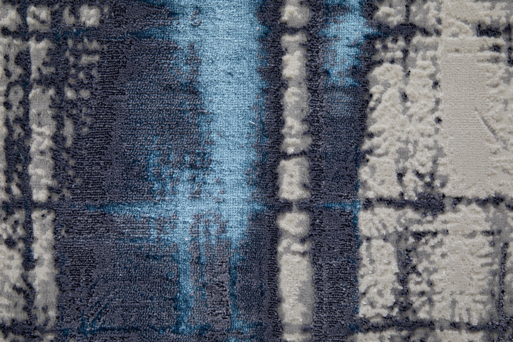 8" Ivory Blue And Gray Abstract Power Loom Distressed Runner Rug