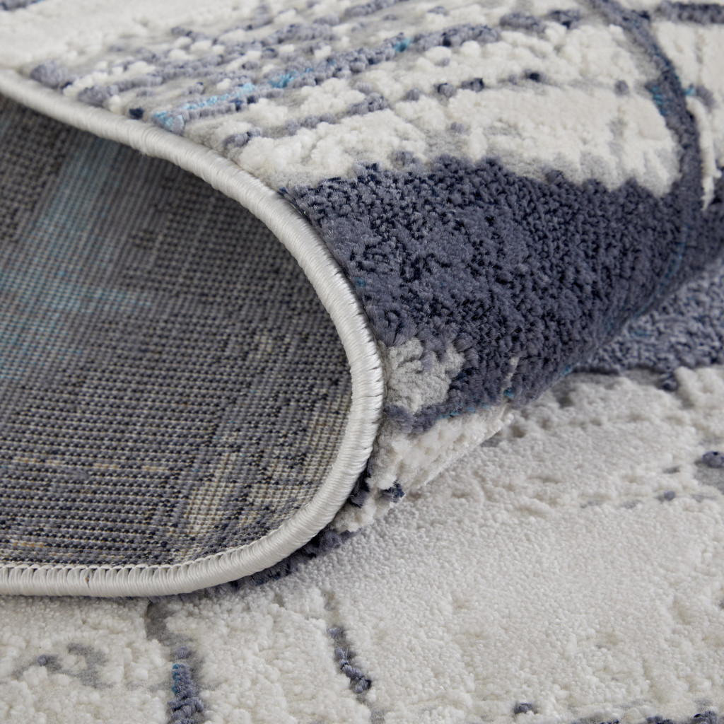 8" Ivory Blue And Gray Abstract Power Loom Distressed Runner Rug