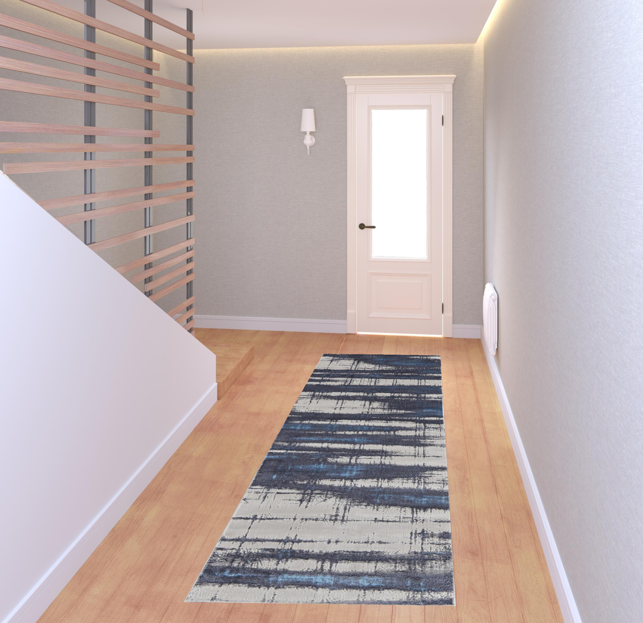 8" Ivory Blue And Gray Abstract Power Loom Distressed Runner Rug