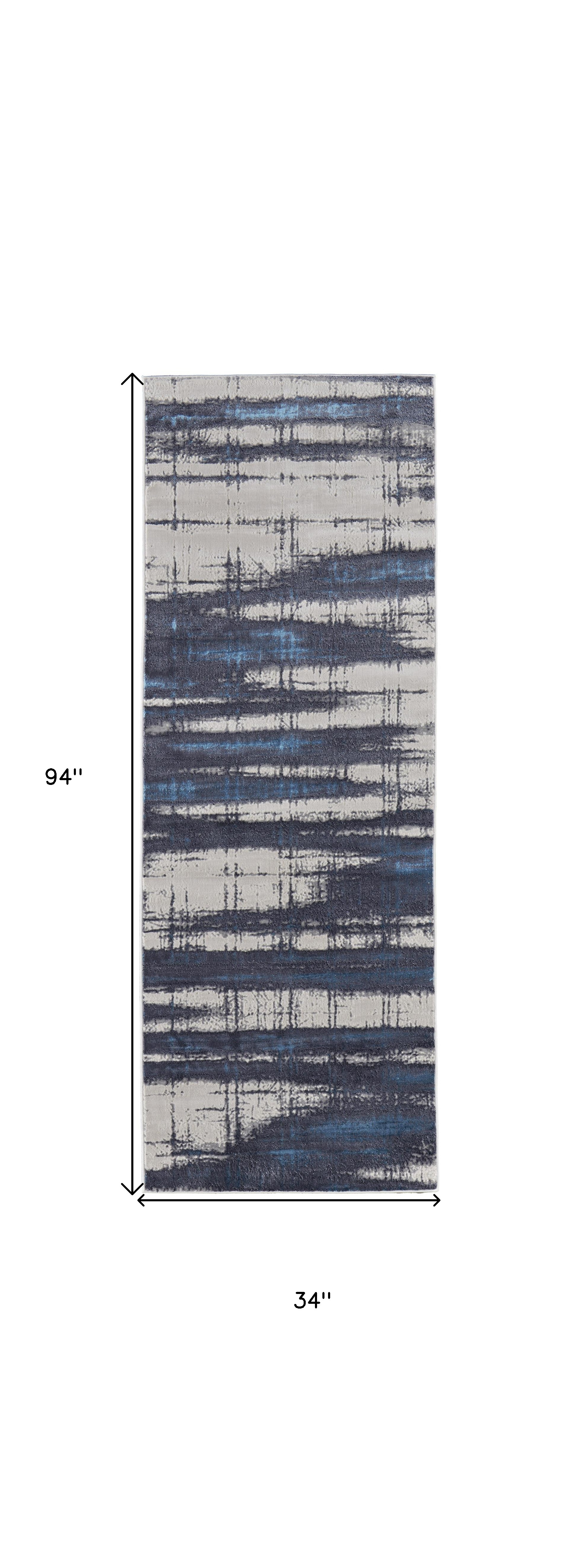 8" Ivory Blue And Gray Abstract Power Loom Distressed Runner Rug