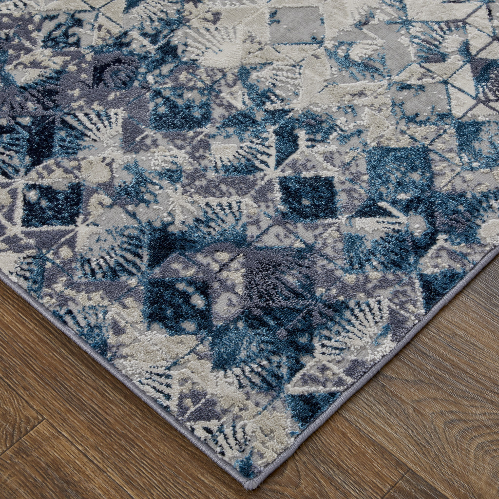 4" X 6" Blue and Ivory Geometric Power Loom Distressed Non Skid Area Rug