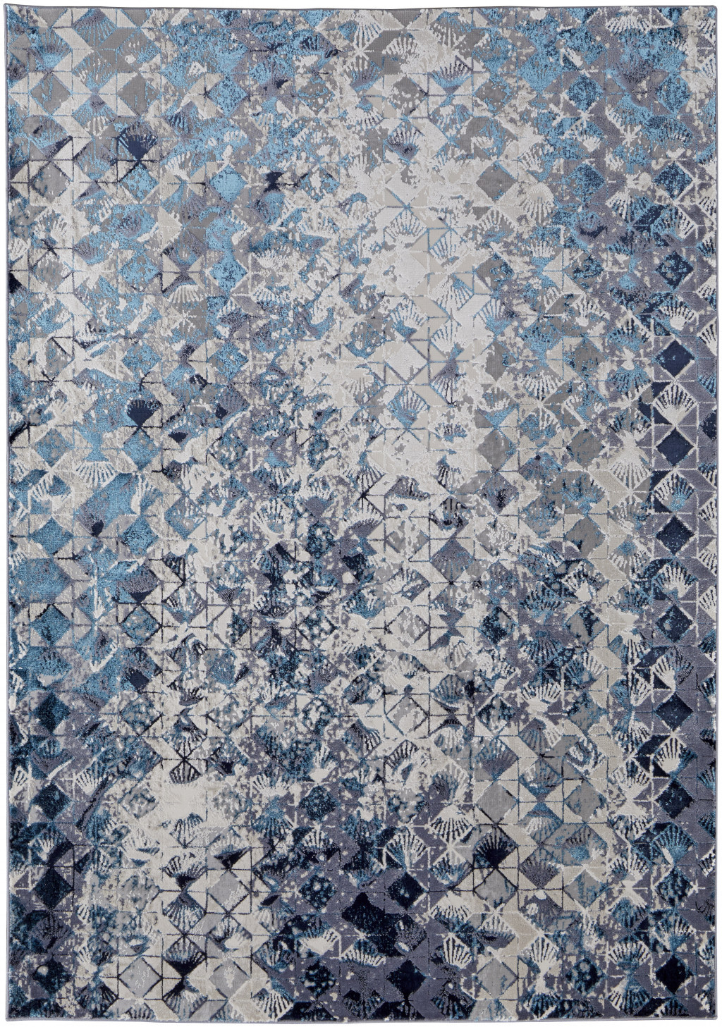 5" X 8" Blue Ivory And Gray Geometric Power Loom Distressed Area Rug