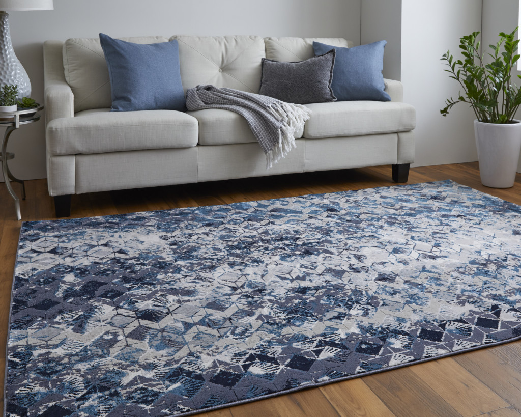 8" X 10" Blue Ivory And Gray Geometric Power Loom Distressed Area Rug