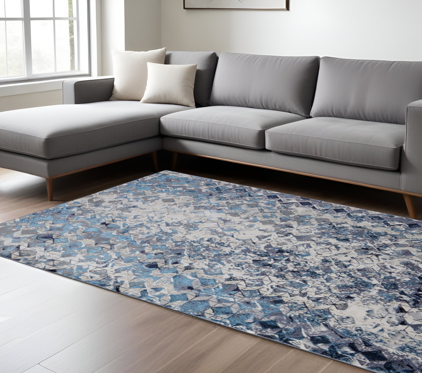 7" X 10" Blue and Ivory Geometric Power Loom Distressed Non Skid Area Rug