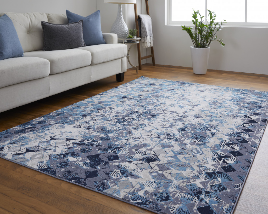 7" X 10" Blue and Ivory Geometric Power Loom Distressed Non Skid Area Rug