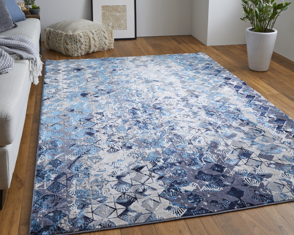 7" X 10" Blue and Ivory Geometric Power Loom Distressed Non Skid Area Rug