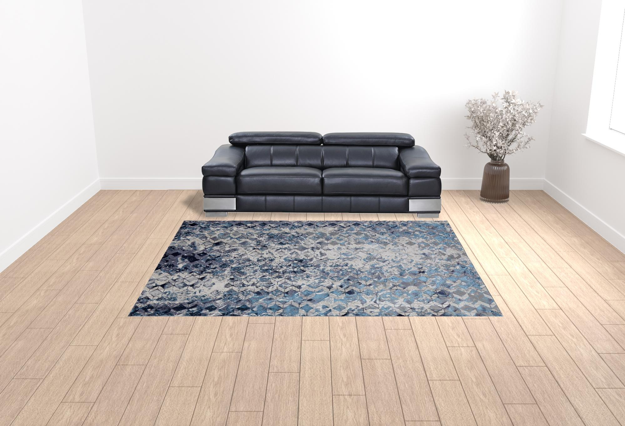 9" X 12" Blue Ivory And Gray Geometric Power Loom Distressed Area Rug