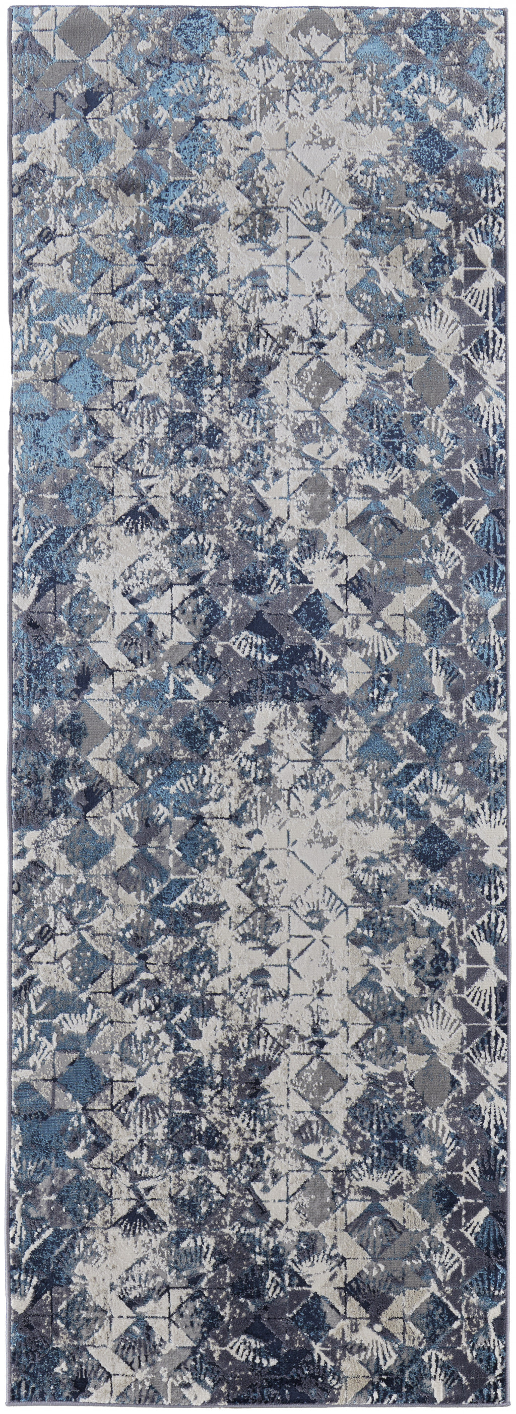 8" Blue Ivory And Gray Geometric Power Loom Distressed Runner Rug