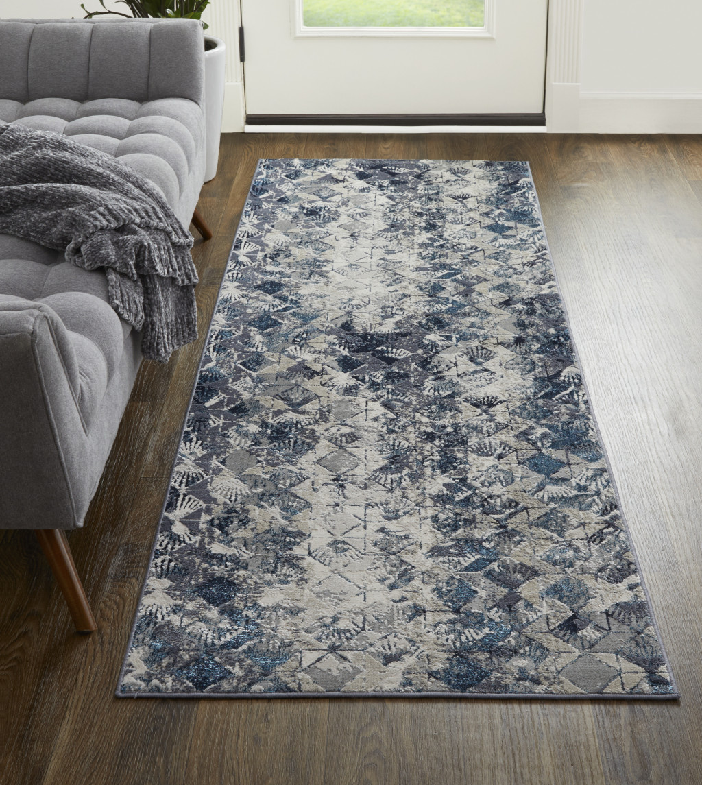8" Blue Ivory And Gray Geometric Power Loom Distressed Runner Rug